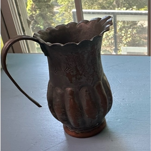 Antique Hand Hammered Etched Tinned Copper Egyptian Pitcher Stamped Decor Patina - Picture 2 of 4